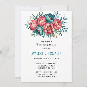 Coral and Teal Peonies Gold Wedding Shower Invitation