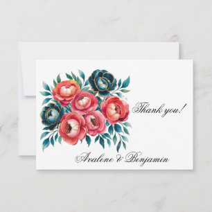 Coral and Teal Peonies Gold Wedding Thank You Card