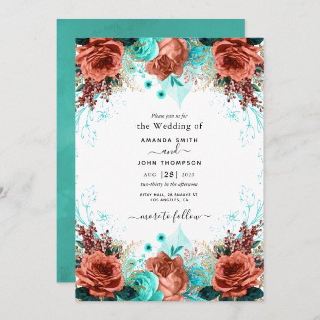 Coral and Teal Wedding Invitation (Front/Back)