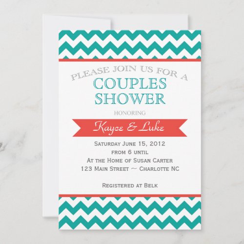 Coral and turquoise Chevron Shower Invitation