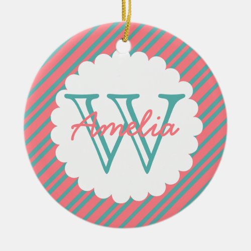 Coral and Turquoise Diagonal Stripe Personalized Ceramic Ornament