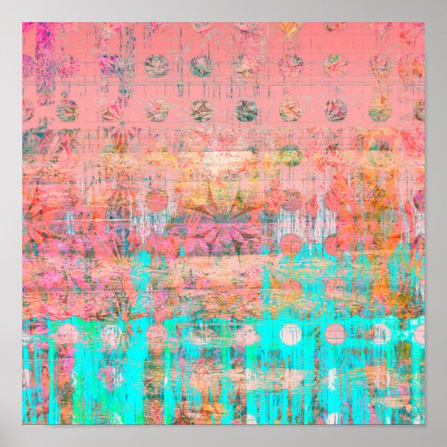 Coral and Turquoise Weathered Polka Dot Paint Poster (Front)