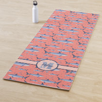 Coral and Watercolor Blue Shark Pattern Monogram Yoga Mat