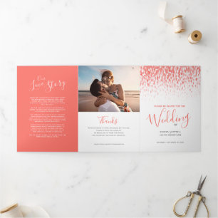 Coral and white abstract art wedding ceremony Tri-Fold program