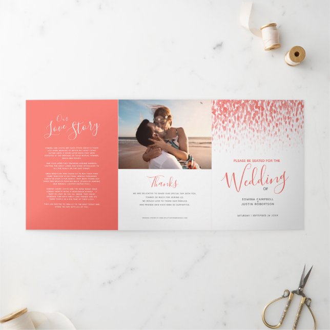 Coral and white abstract art wedding ceremony Tri-Fold program (Outside)