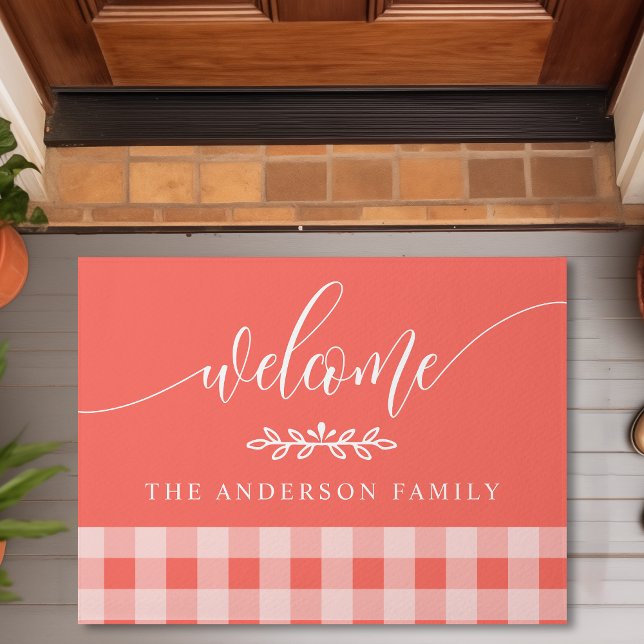 Coral And White Buffalo Check Welcome Personalized Doormat (Creator Uploaded)