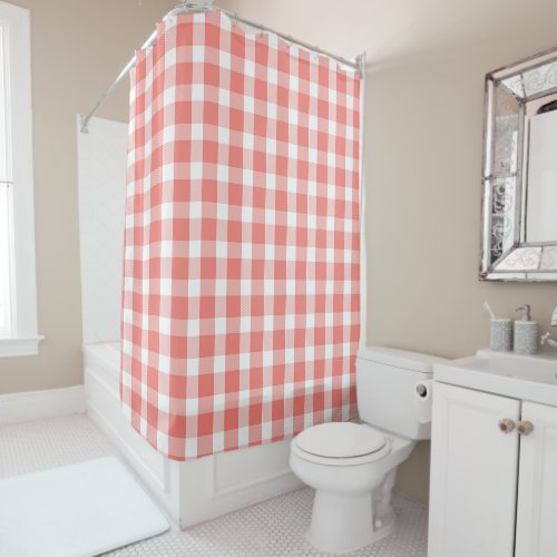 Coral and White Buffalo Plaid Pattern Shower Curtain