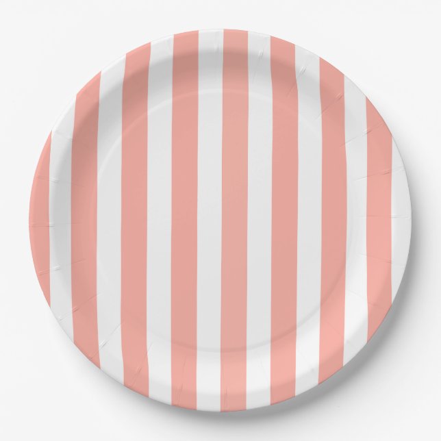 Coral and white candy stripes paper plates (Front)