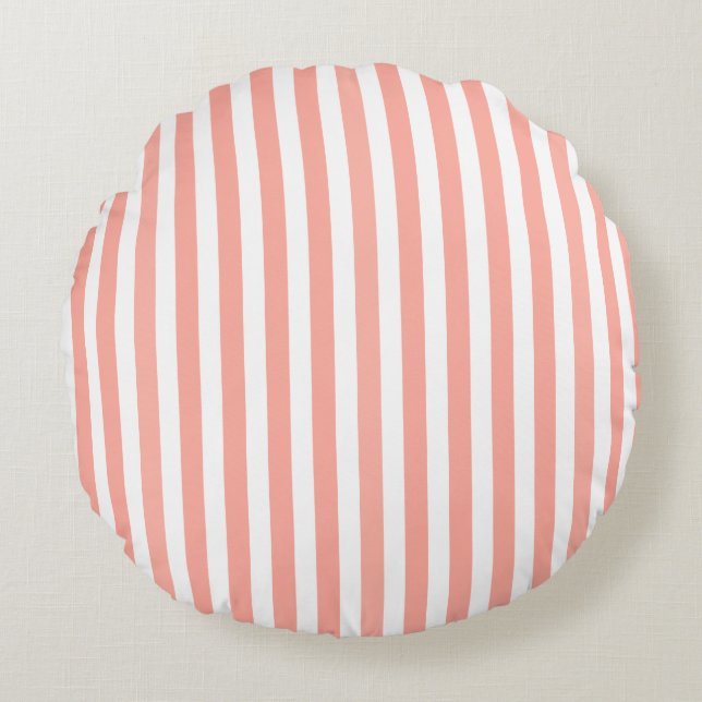 Coral and white candy stripes round pillow (Front)