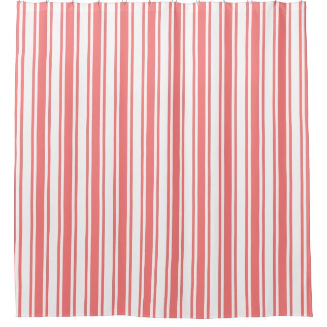 Coral and white candy stripes shower curtain (Front)