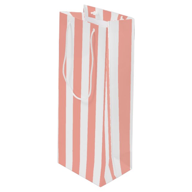 Coral and white candy stripes wine gift bag (Front Angled)
