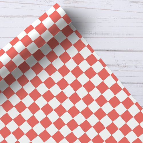 Coral and White Checkerboard Pattern Wrapping Paper