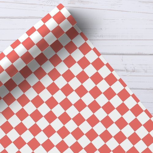 Coral And White Checkerboard Pattern Wrapping Paper