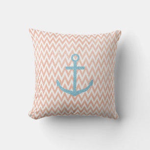 Coral and White Chevron Aqua Glitter Anchor Throw Pillow