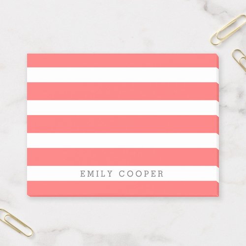 Coral and White Classic Stripes Monogram Post_it Notes