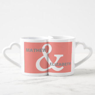 Coral and White Custom Ampersand Lovers Names Coffee Mug Set