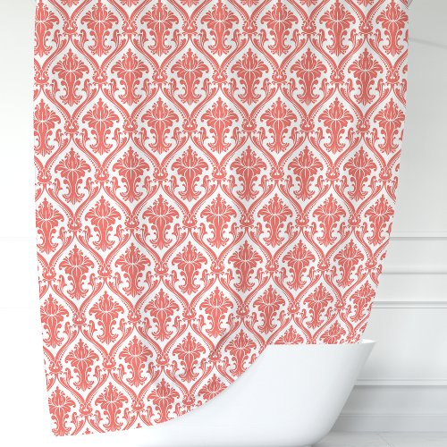 Coral And White Damask Shower Curtain