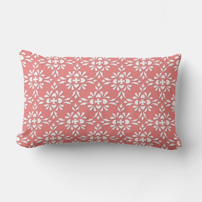 Coral and White Damask Style Pattern Lumbar Pillow (Front)