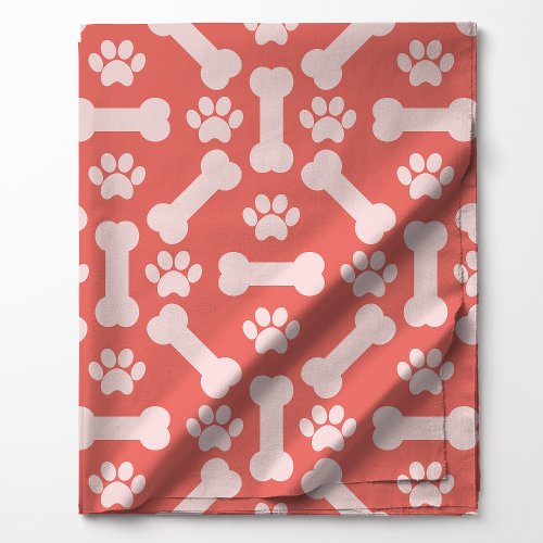 Custom Fabric 10 Coral And White Dog Bones And Paw Prints Pattern Fabric