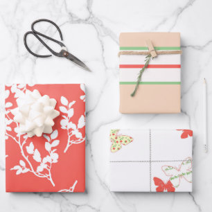 Coral and White Flowers, Stripes and Butterflies Wrapping Paper Sheets