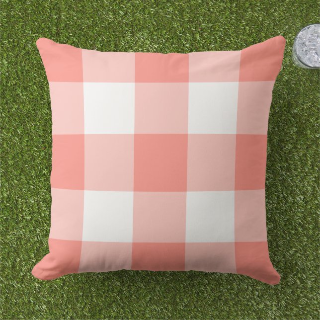 Coral and White Gingham Plaid Pattern Outdoor Pillow (Grass)