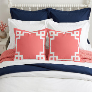 Coral and White Greek Key Border Throw Pillow