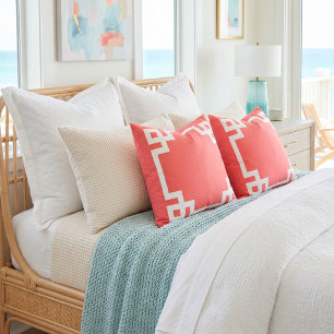 Coral and White Greek Key Border Throw Pillow