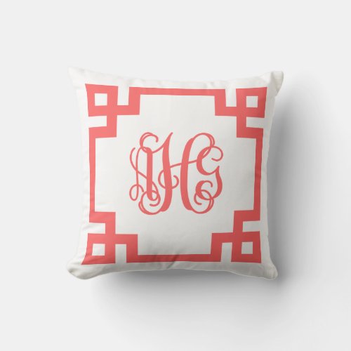 Coral and White Greek Key Script Monogram AHG Throw Pillow