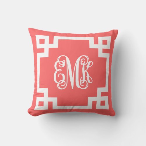 Coral and White Greek Key Script Monogram Throw Pillow