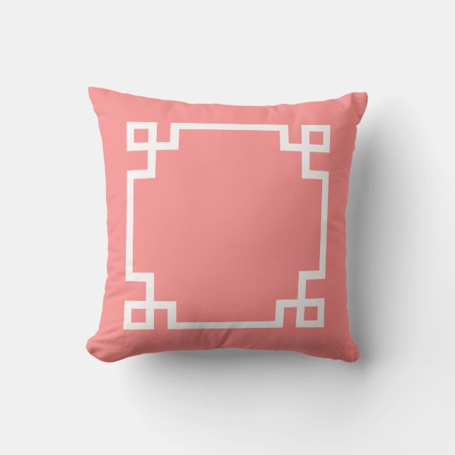 Coral and White Greek Key Throw Pillow (Front)