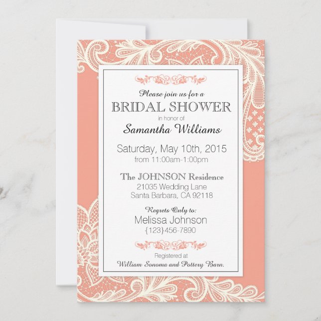 Coral and White Lace Bridal Shower Invitation (Front)