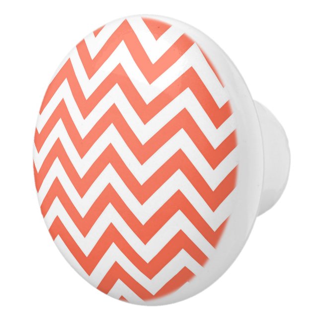 Coral and White Large Chevron ZigZag Pattern Ceramic Knob (Right)