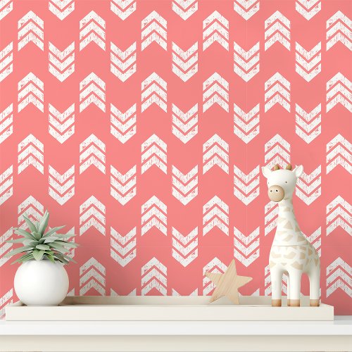 Coral And White Modern Textured Chevron Arrows Wallpaper