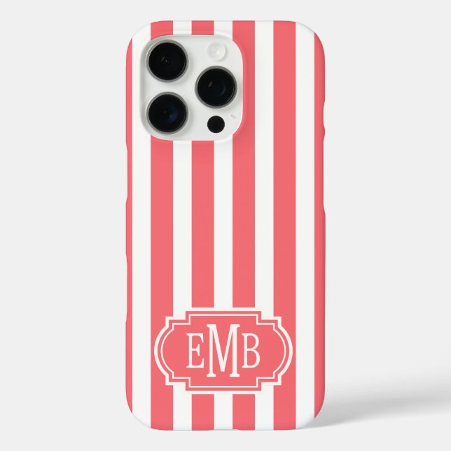 Coral and White Monogrammed Stripes Case-Mate iPhone Case (Back)