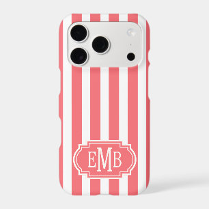Coral and White Monogrammed Stripes iPhone 17 Pro Case