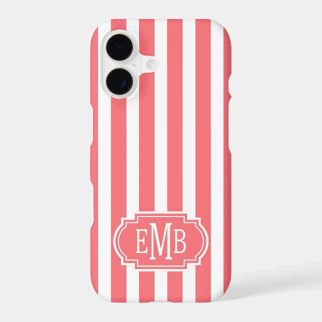 Coral and White Monogrammed Stripes Case-Mate iPhone Case (Back)