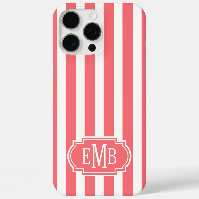 Coral and White Monogrammed Stripes Case-Mate iPhone Case (Back)