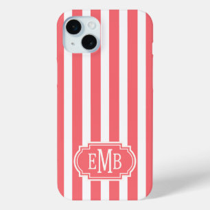 Coral and White Monogrammed Stripes iPhone 15 Plus Case