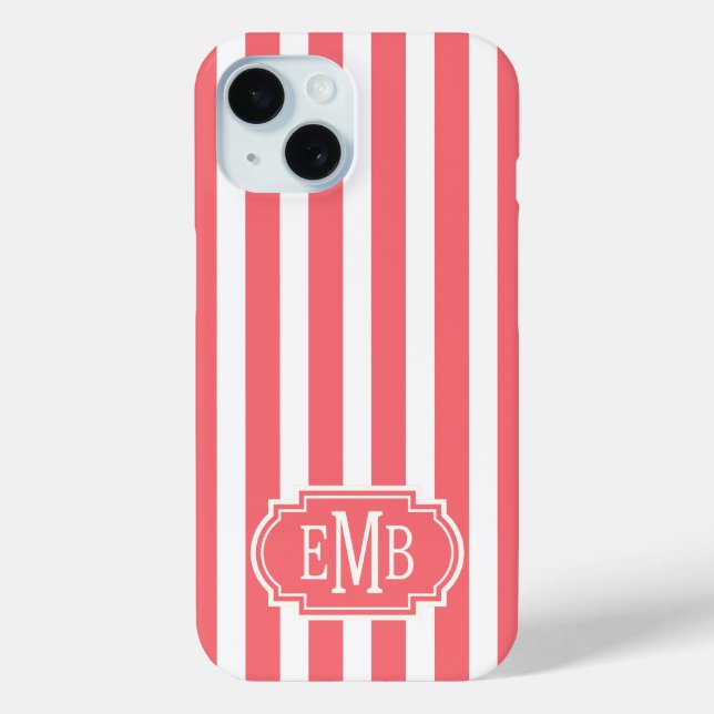 Coral and White Monogrammed Stripes Case-Mate iPhone Case (Back)
