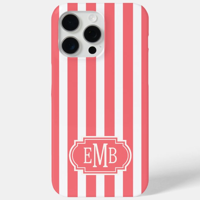 Coral and White Monogrammed Stripes Case-Mate iPhone Case (Back)