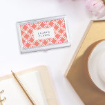 Coral and White Octagon Link Lattice Pattern Case For Business Cards<br><div class="desc">Carry your business cards in chic, classic style with our personalized card case. Preppy design features a geometric octagonal link lattice pattern in white on sunny coral peach. Add a name, monogram or company name in matching navy blue lettering for a polished, professional look. Designer tip: to maintain the unique...</div>