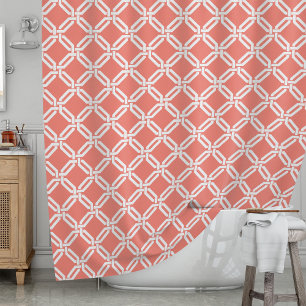 Coral and White Octagon Link Lattice Pattern Shower Curtain