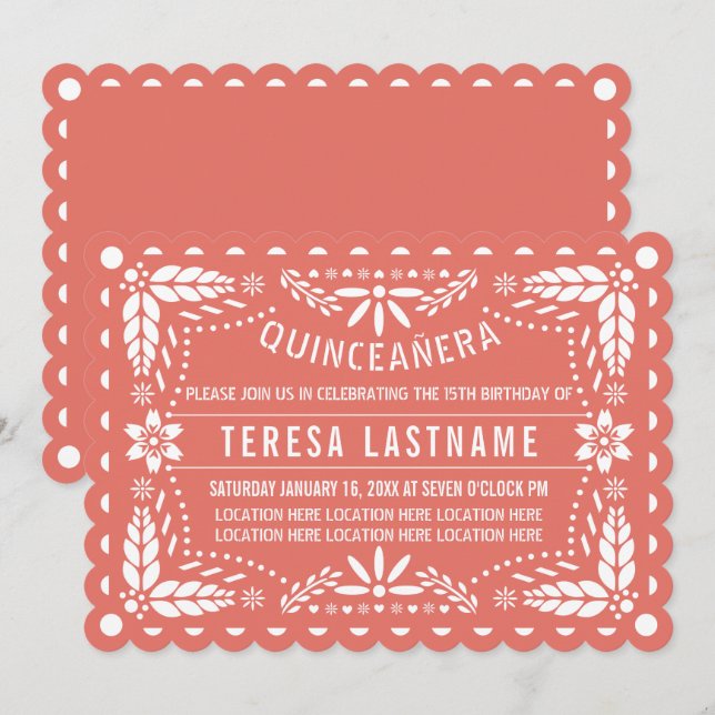 Coral and white papel picado Quinceañera Invitation (Front/Back)