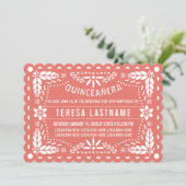 Coral and white papel picado Quinceañera Invitation (Standing Front)