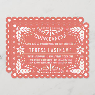 Coral and white papel picado Quinceañera Invitation