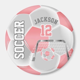 Coral and White Personalize Soccer Ball Magnet