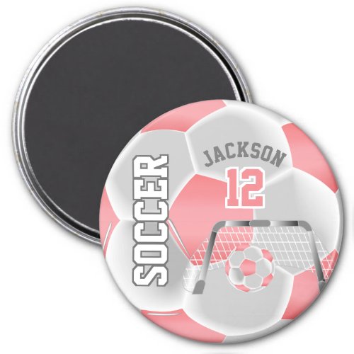 Coral and White Personalize Soccer Ball Magnet