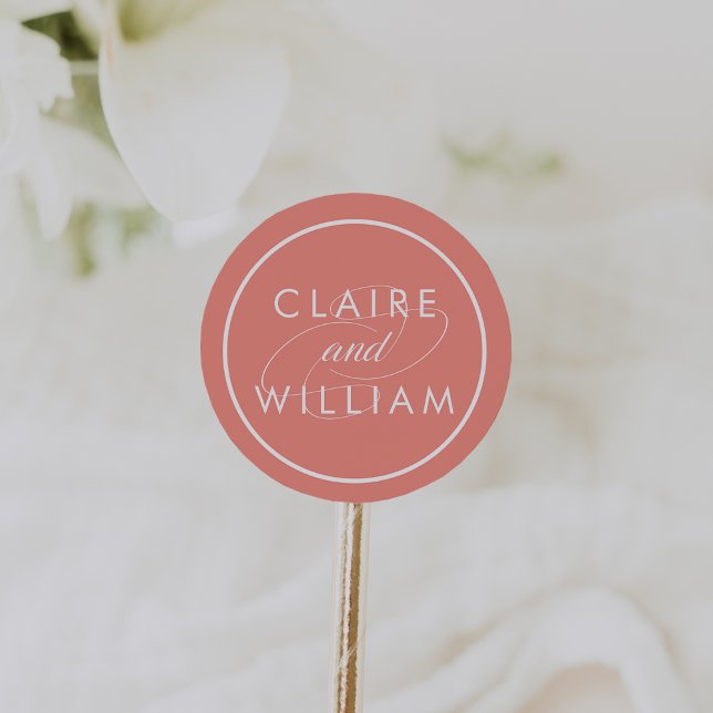 Coral and White Personalized Wedding Classic Round Sticker (Creator Uploaded)