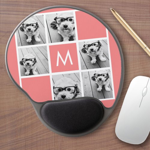 Coral and White Photo Collage Custom Monogram Gel Mouse Pad