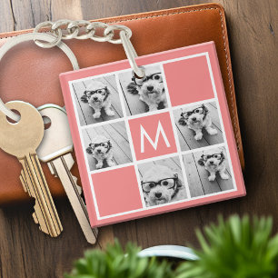 Coral and White Photo Collage Custom Monogram Keychain